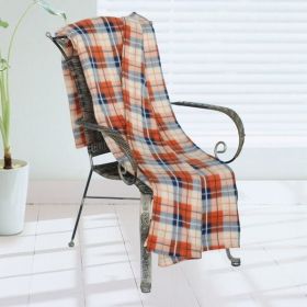 [Trendy Plaids - Blue/Cream/Orange] Soft Coral Fleece Throw Blanket (71 by 79 inches)
