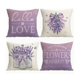 Colorlife Lavender Home Sweet Love Flowers This Home Spring Throw Pillow Covers, 18 X 18 Inch Purple Summer Cushion Case For Sofa Couch Set Of 4 (Option: XY5089008)