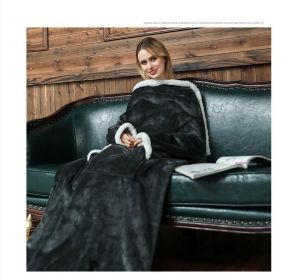 Oversized Fleece Sherpa Wearable Blanket Padded Pullover (Color: Black, size: One SIZE)