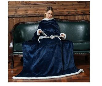 Oversized Fleece Sherpa Wearable Blanket Padded Pullover (Color: NAVY, size: One SIZE)