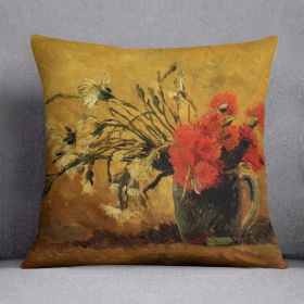 Vase with Red and White Carnations on Yellow Background by Van Gogh Cushion (Insert: With Insert, size: 16" X 16")